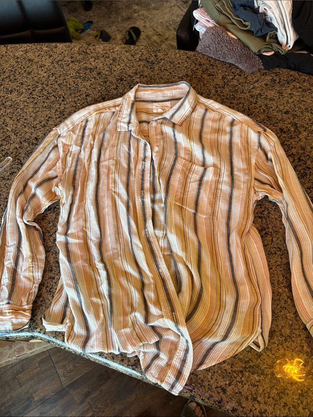 American Eagle Outfitters Striped Button-Down Shirt in Beige, White & Brown
